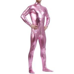 Unisex Pink  Metallic Shiny Zentai Bodysuit Hoodless Adult Costume